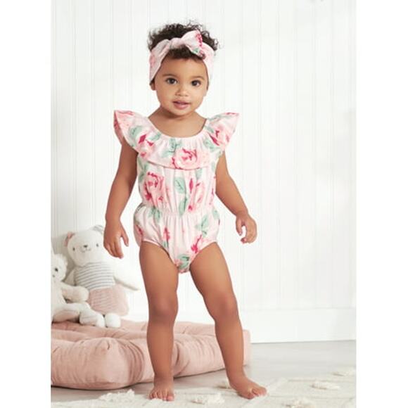 Gerber Baby Girl Wide Neck Romper & Headband Set 2-Piece (0/3 Months - 12 Months - Picture 1 of 1